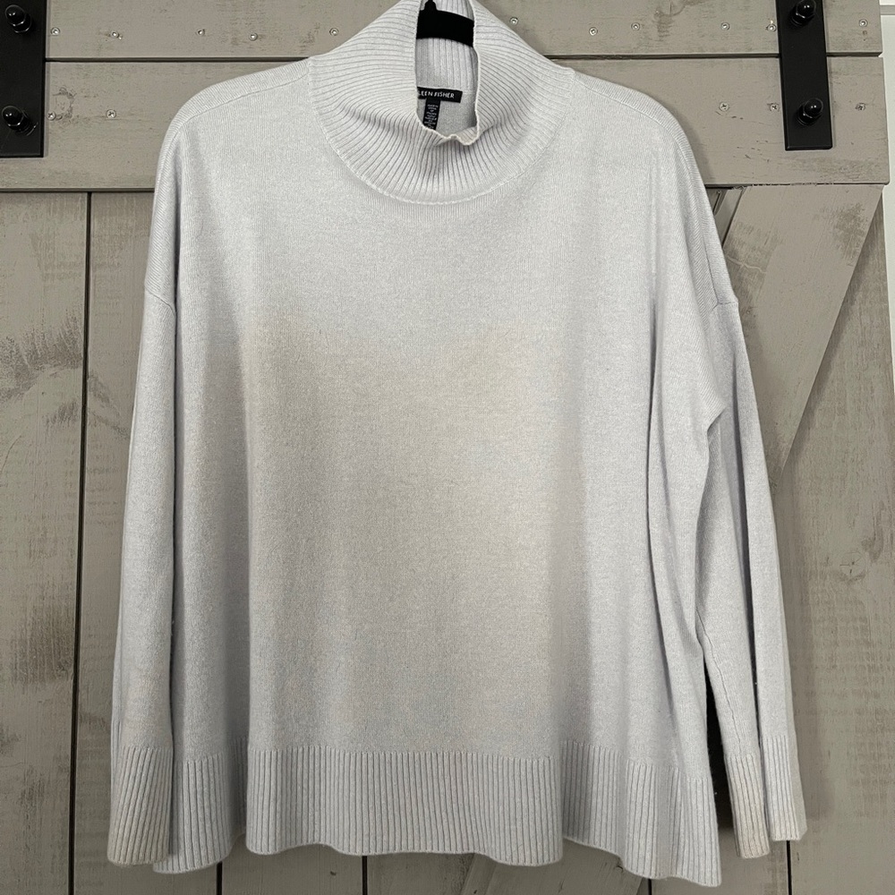 Eileen Fisher Cashmere Silk Bliss Turtleneck Box-Top, Light Blue, Size S